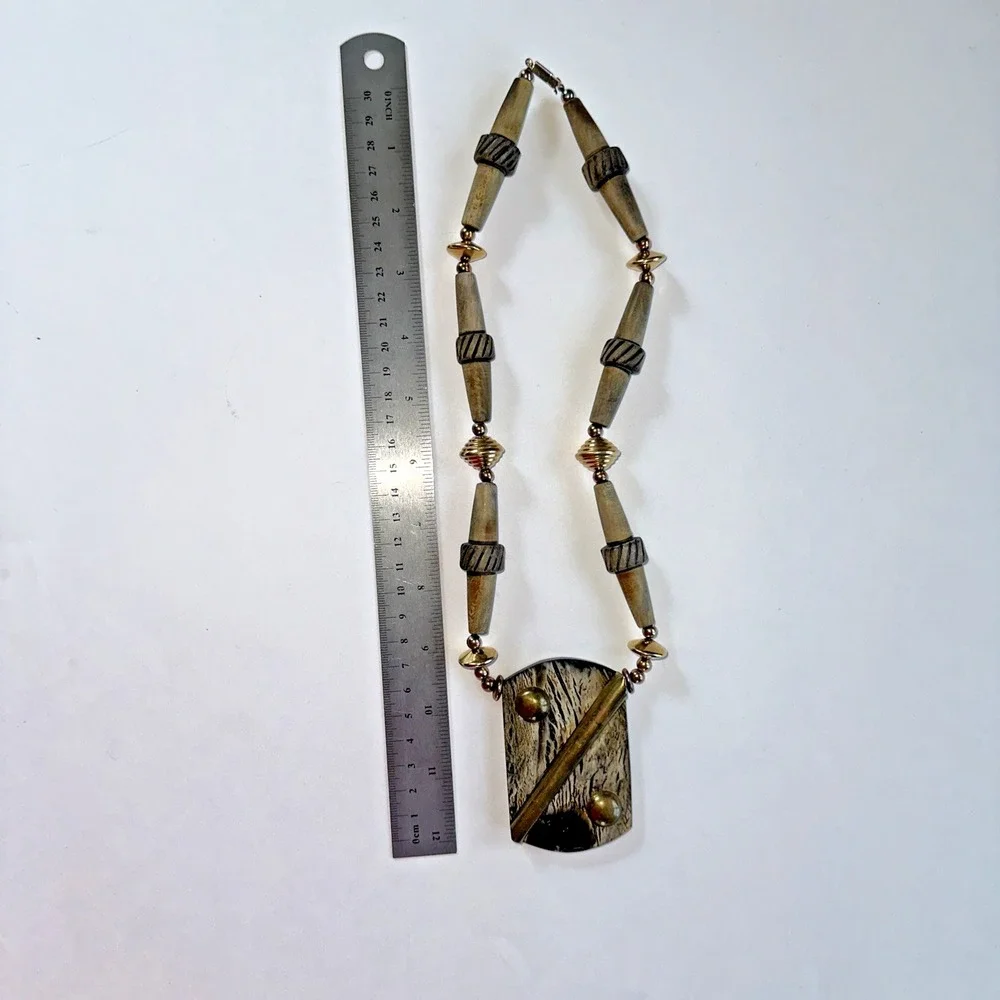 Vintage Tribal Pendant Necklace Women 20in Tan Gold Brutalist Boho Statement